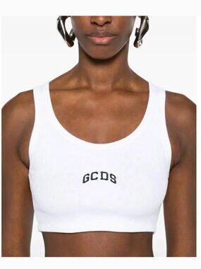 GCDS White Ribbed Crop Top logo tank tee Revolve street wear brand FWRD Sz M